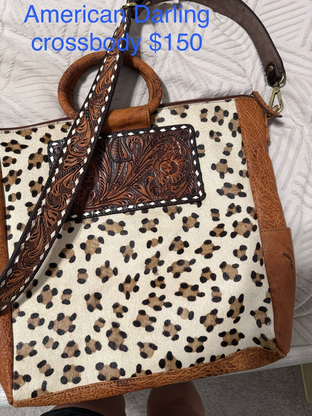 American Darling Brown Tooled Leather & Leopard Print Crossbody Satchel - Large - Picture 1 of 2